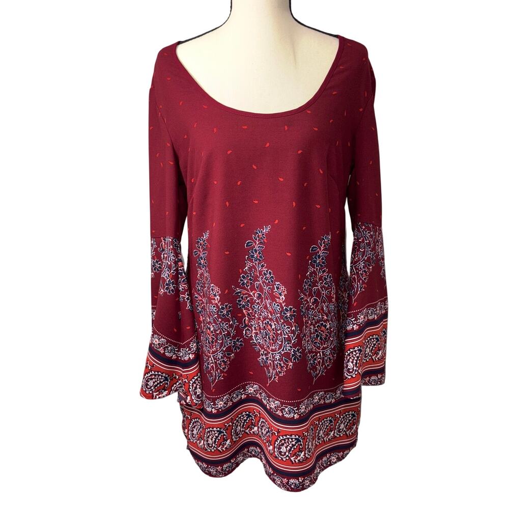 Xhilaration Paisley Bell Sleeve Mini Dress Wine Red Boho Tunic Women's XS
